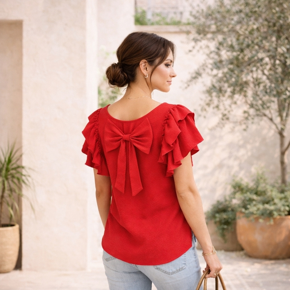 Nwt Falechay Red Ruffle Sleeve Blouse With Statement Bow Back Size 3XL